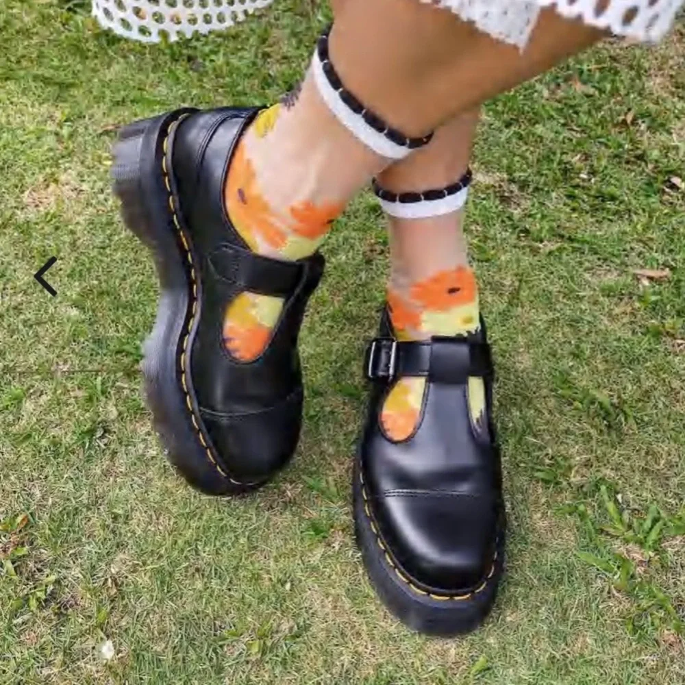 Dr. Martens Black Leather Platform Mary Jane / T strap with Yellow Stitching